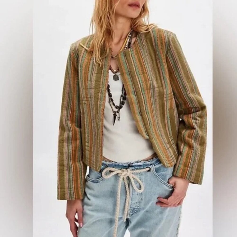 Free Peopleβ Zandi Quilted Striped Multicolor Jacket Olive Med NWT